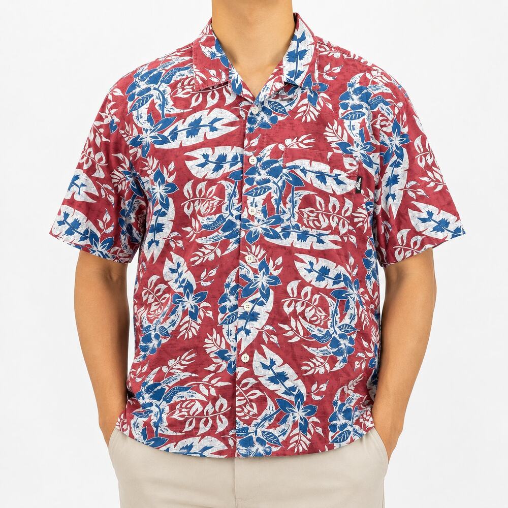 No Fear Shirt Mens Large Red Blue Hawaiian Short Sleeve Aloha Classic Button